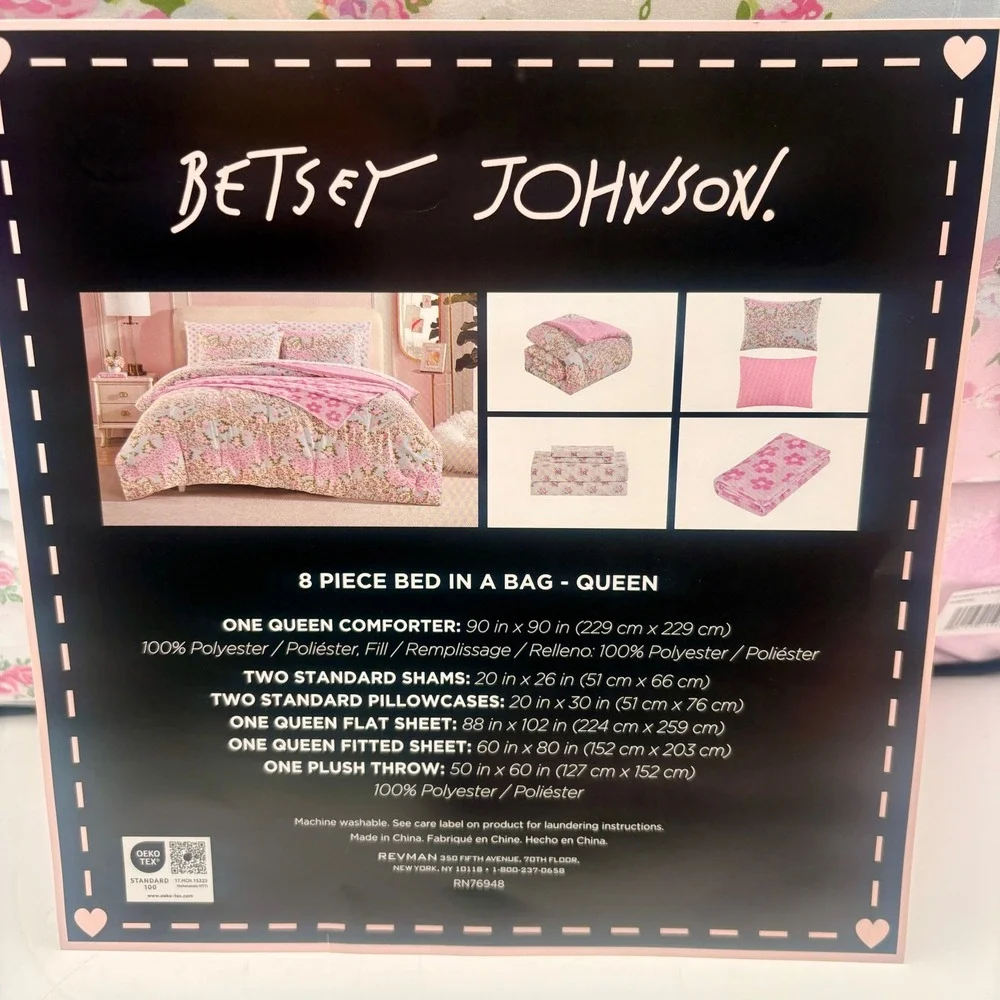 Betsey Johnson Queen 8 Piece Bed in a Bag Floral Patchwork Pink Comforter Set